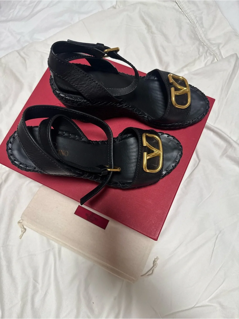 Valentino Black Leather Wedge Sandals with Gold Buckle - Women